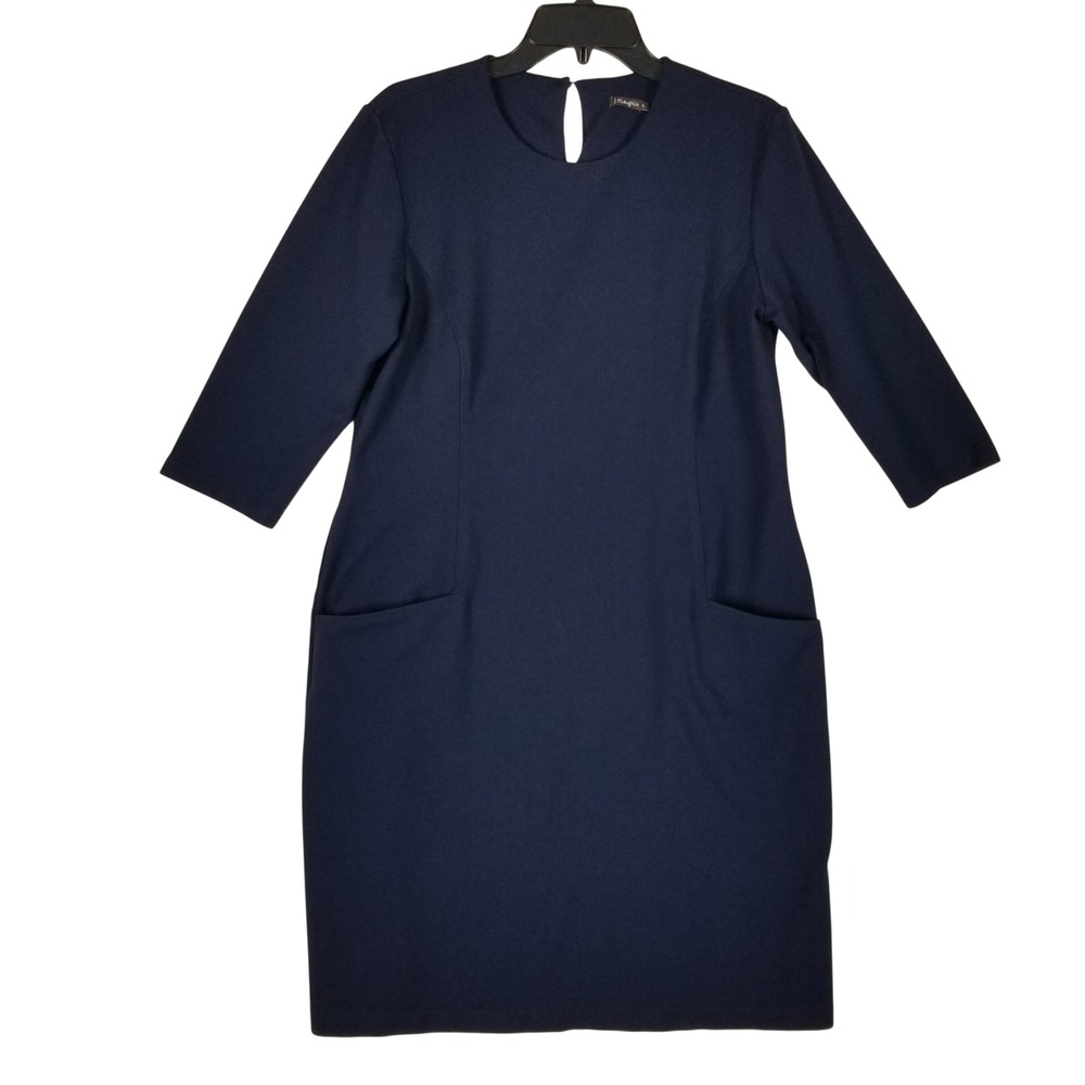 J.McLaughlin Shift Dress Women XL Navy Blue Ponte Knit 3/4 Sleeve Pockets